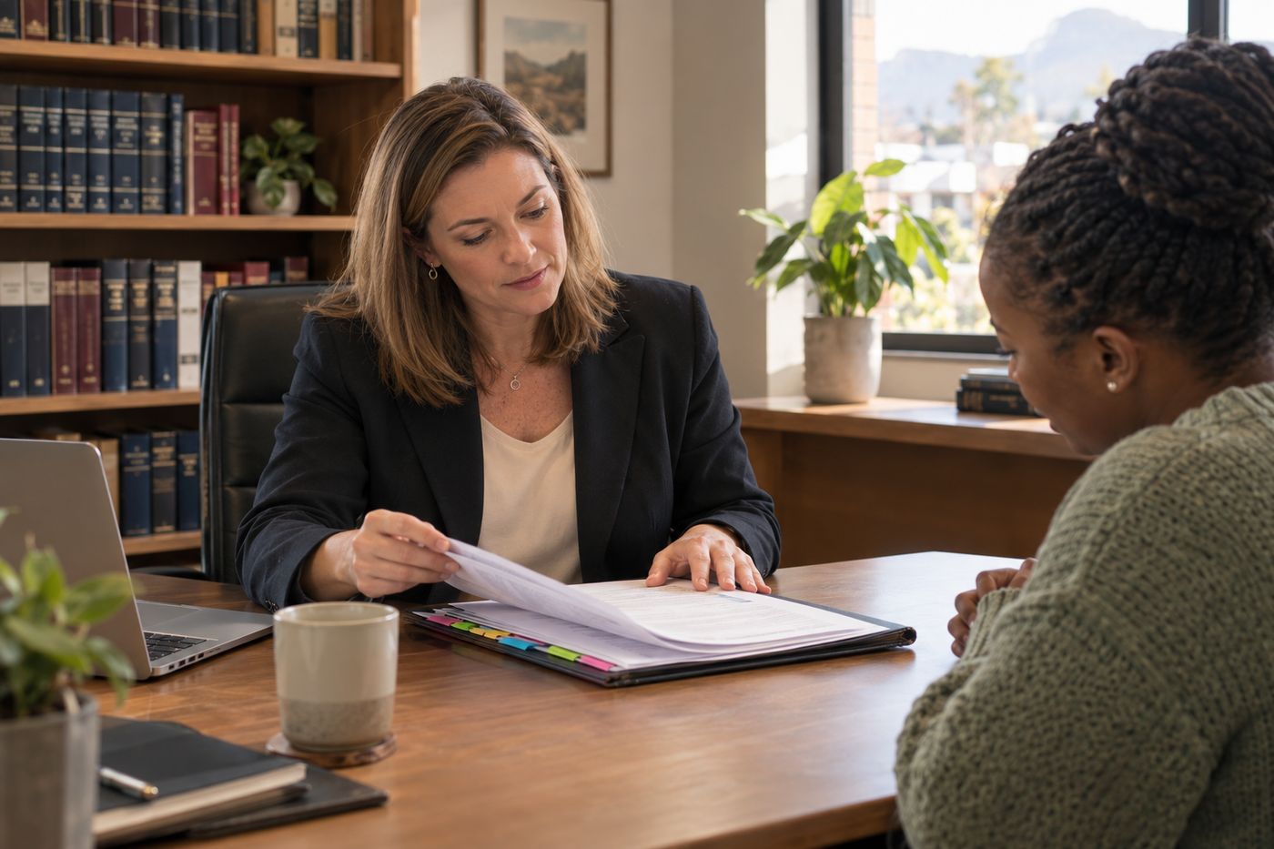 An attorney pages through a tabbed file with her client across the desk