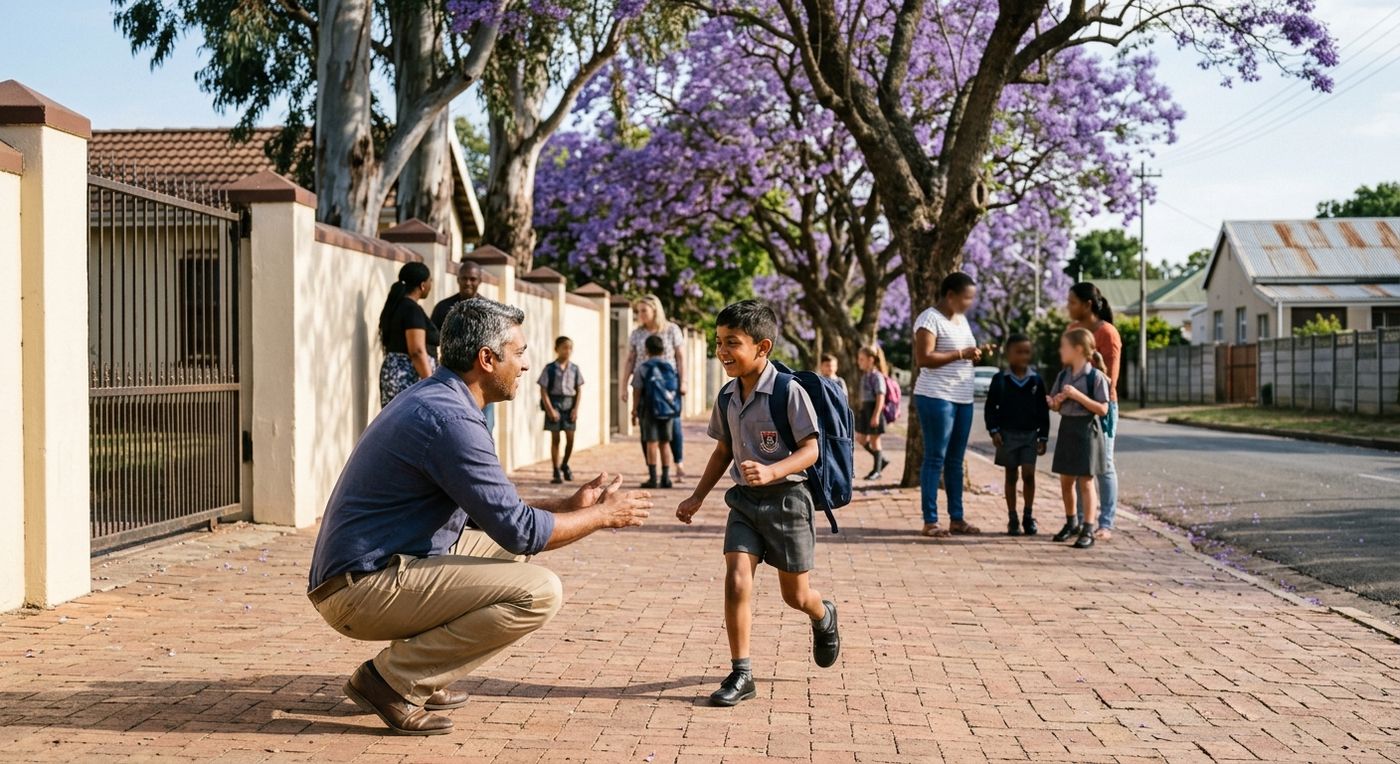 A father crouches at a school gate under jacaranda trees as his son runs to meet him