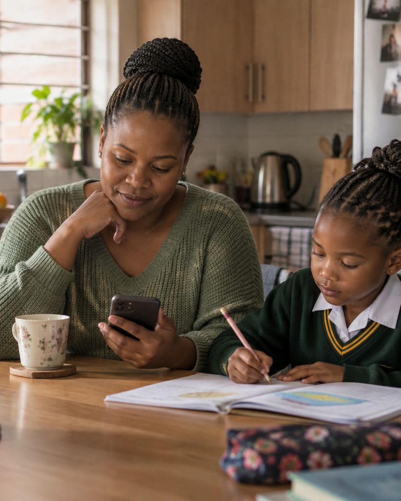 A mother checks her phone at the kitchen table while her daughter does homework beside her