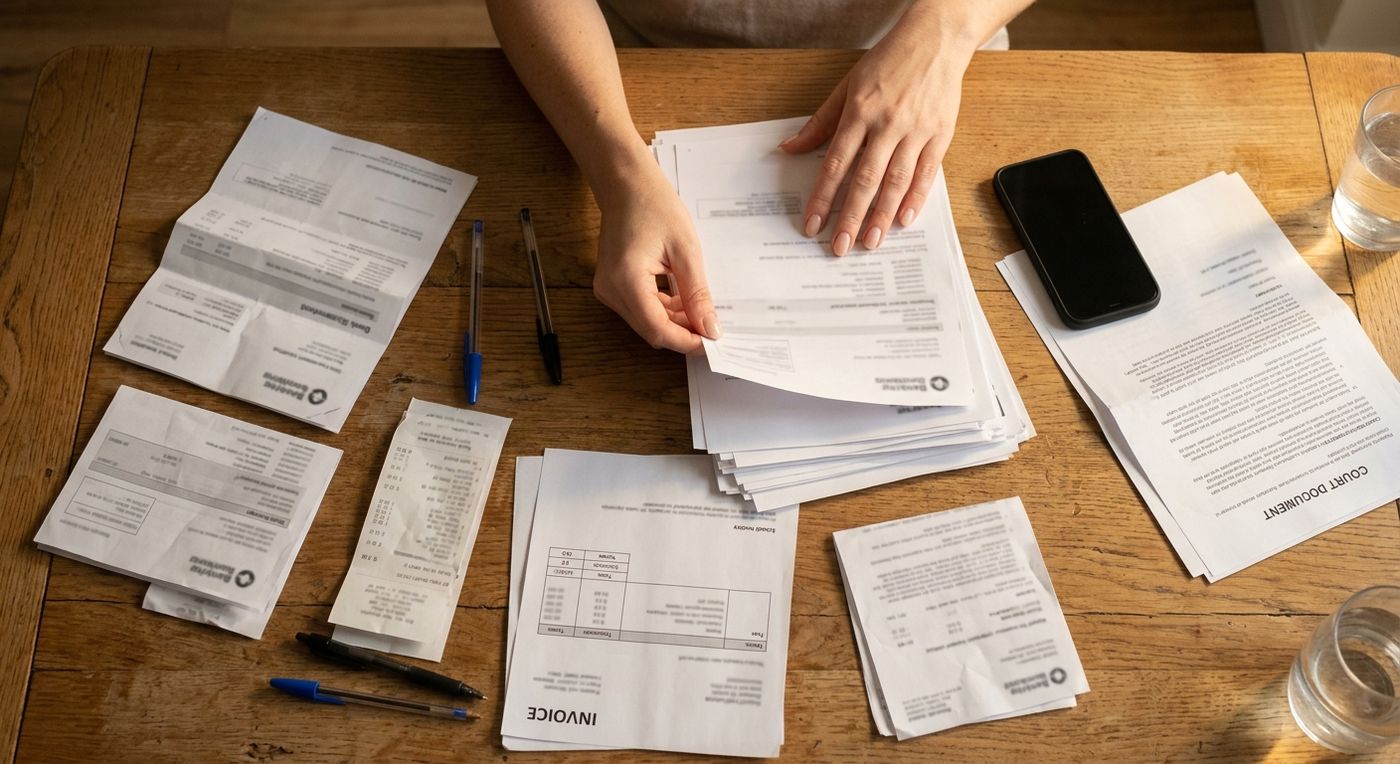 Hands sorting bank statements, till slips and invoices into a neat pile on a wooden table