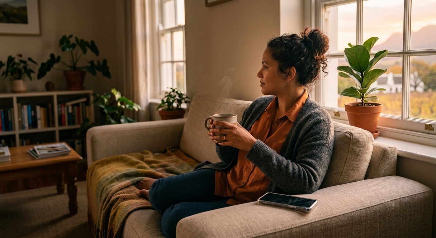 A woman sits on her couch by the window with a mug of tea, her phone face down beside her