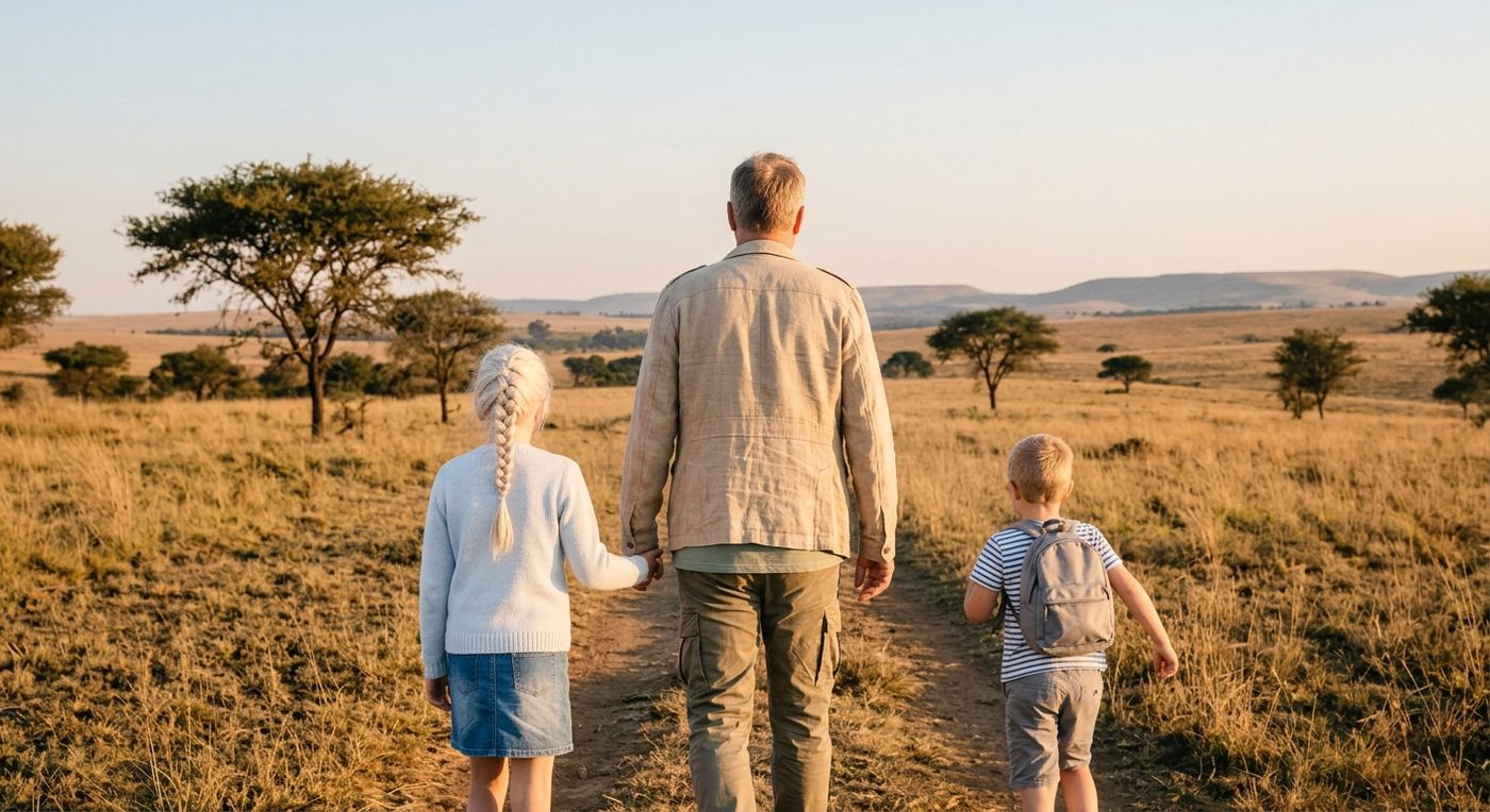 A father and his two children walk away along a dirt path through golden grassland